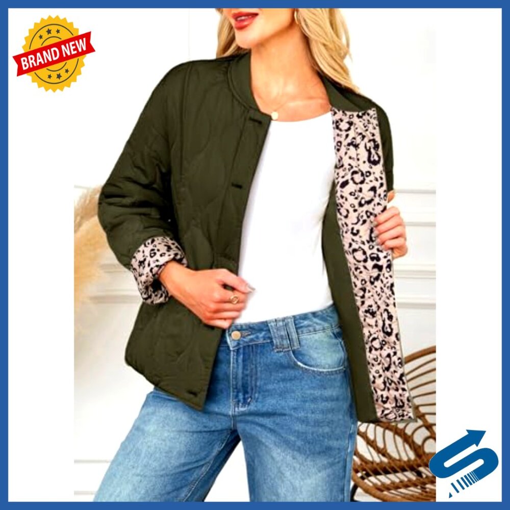 Quilted Puffer Jacket Button Down Leopard Print C… - image 2